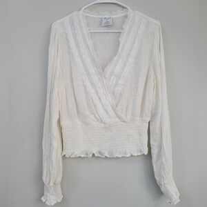 Kian D Faux Wrap Elegant Lace Swiss Dot Top Women's Size L Office Renaissance